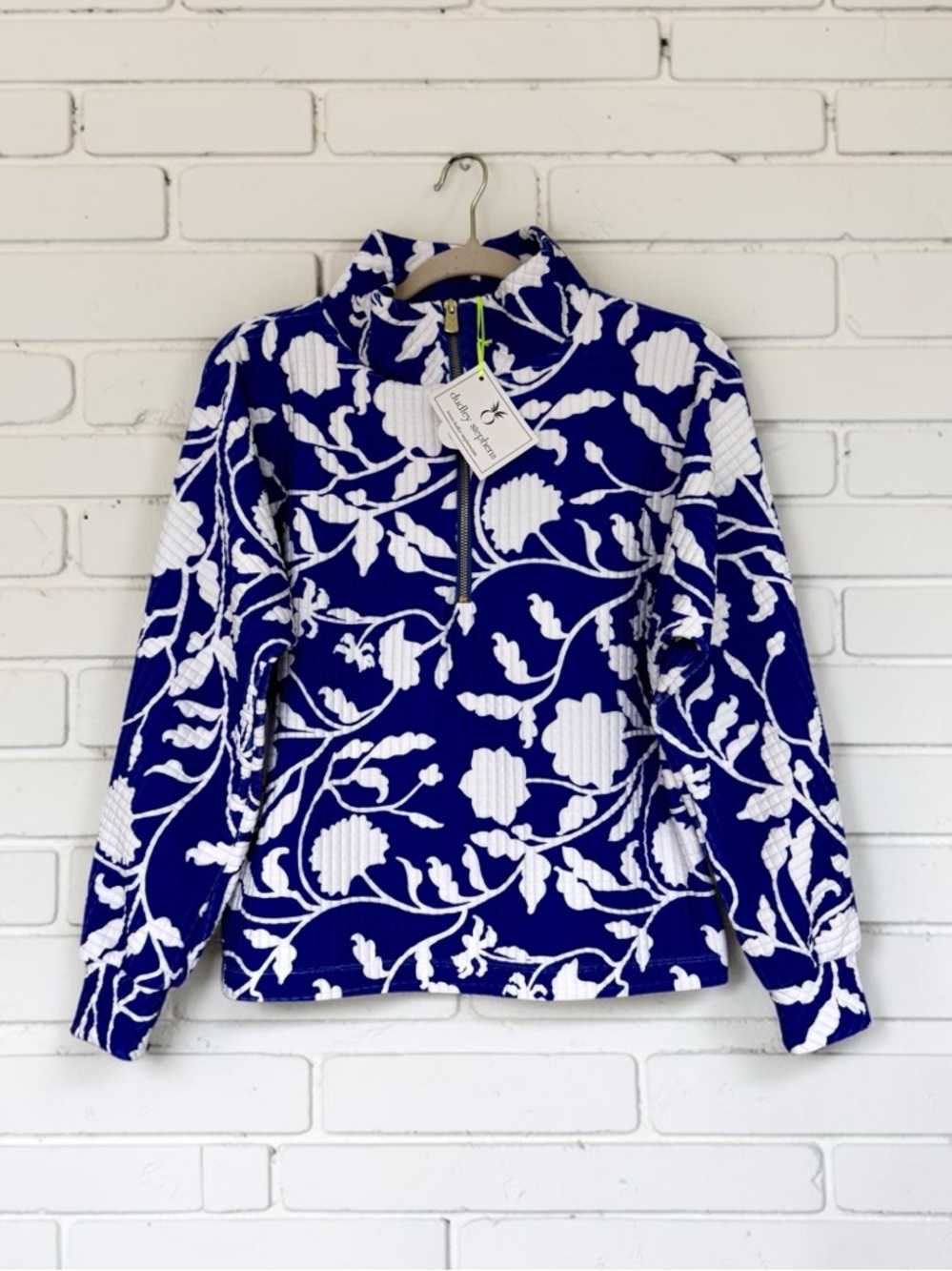 Dudley Stephens Marion Zip Pullover Blue Floral Waffle XS NWT